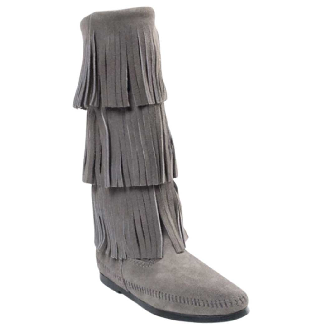 Minnetonka 3 Layer Fringe Boot Grey Suede - Free Shipping!